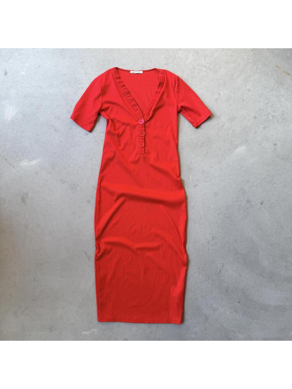 Zara Trafaluc Red Ribbed Button-Front Midi Dress Size Small